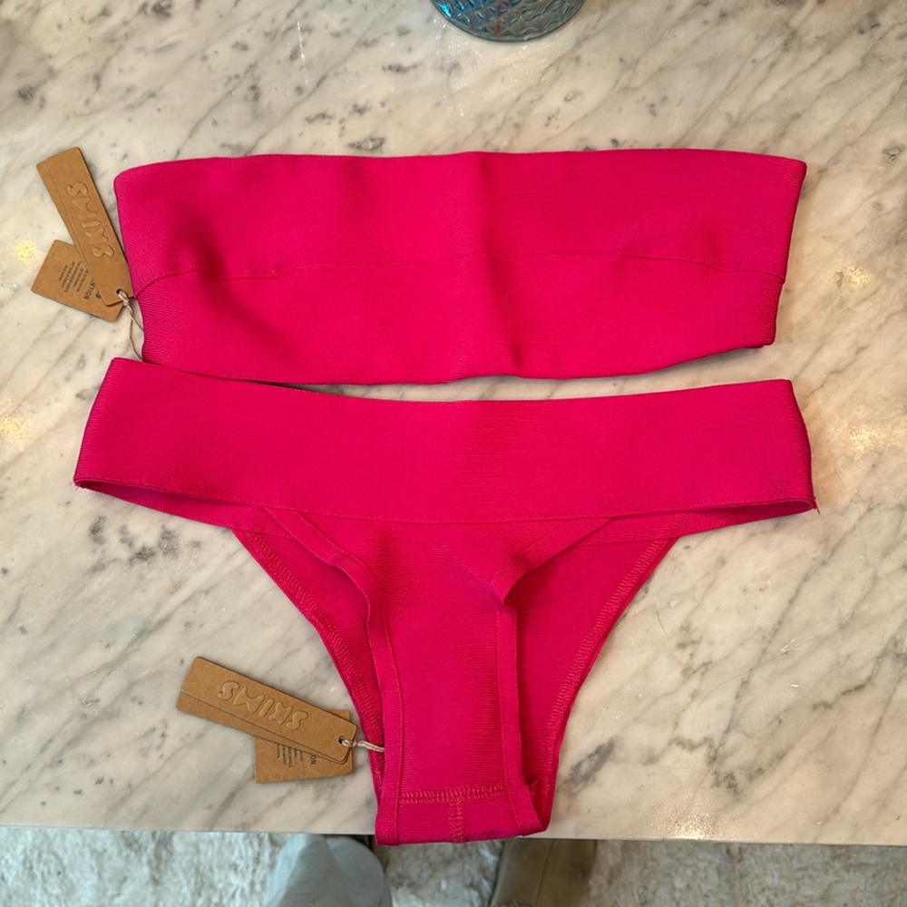 NWT SKIMS Knit swim bandeau top cheeky bikini bottom medium magenta
